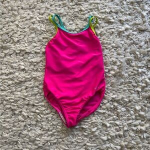 Speedo Kids Swim One Piece - Pink with Blue and Yellow Accents